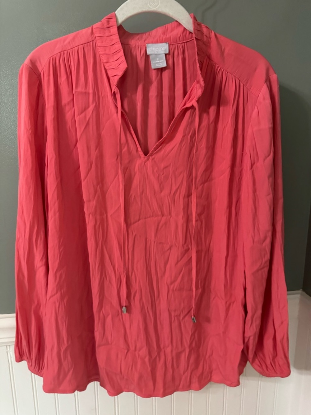 Chico's Coral Peasant-Style Long-Sleeve Blouse